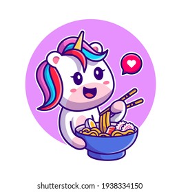 Cute Unicorn Eating Noodle With Chopstick Cartoon Vector Icon Illustration. Animal Food Icon Concept Isolated Premium Vector. Flat Cartoon Style