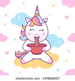 Cute Unicorn eating noodles, kawaii vector seamless pattern illustration perfect for kids fabric and greeting cards.