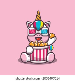 Cute unicorn eating popcorn taking watch movie. Cute animal cartoon illustrations. Vector isolated flat illustration for poster, brochure, web, mascot, sticker, logo and icon.