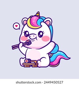 Cute Unicorn Eating Sushi Cartoon Vector Icon Illustration. Animal Food Icon Concept Isolated Premium Vector. Flat Cartoon Style