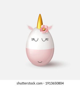 Cute unicorn from egg isolated on white background. Unicorn from egg with gold horn and pink flower. Vector illustration with 3d decorative object for Easter design.