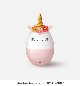 Unicornio lindo del huevo aislado en fondo blanco. Unicornio de huevo con cuerno de oro y flor de color. Ilustración vectorial con objeto decorativo 3d para el diseño de Pascua.