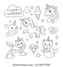 Cute Unicorn elements drawing coloring page illustration