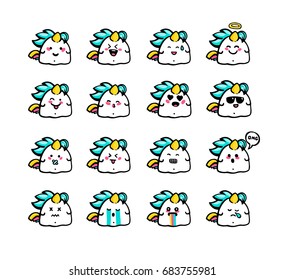 Cute unicorn emoji stickers, patches collection. Vector set  illustration. Kawaii style hand drawn sketch. Set of emoticons. Smile icons
