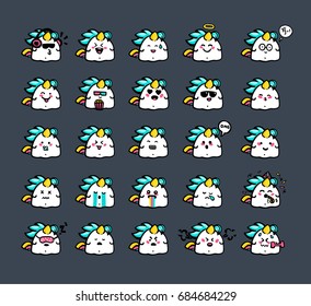 Cute unicorn emoji stickers, patches collection. Vector set  illustration. Kawaii style hand drawn sketch. Set of emoticons. Smile icons

