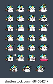Cute unicorn emoji stickers, patches collection. Vector set  illustration. Kawaii style hand drawn sketch. Set of emoticons. Smile icons
