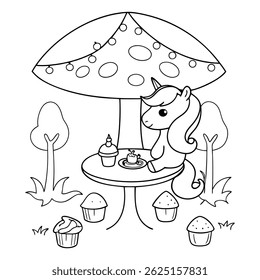 Cute Unicorn Enjoying a Tea Party with Cupcakes in a Fantasy Garden