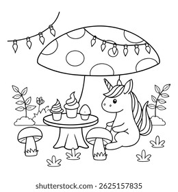 Cute Unicorn Enjoying a Tea Party with Cupcakes in a Fantasy Garden