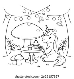 Cute Unicorn Enjoying a Tea Party with Cupcakes in a Fantasy Garden
