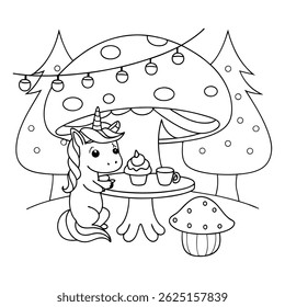 Cute Unicorn Enjoying a Tea Party with Cupcakes in a Fantasy Garden