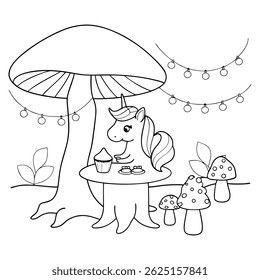 Cute Unicorn Enjoying a Tea Party with Cupcakes in a Fantasy Garden