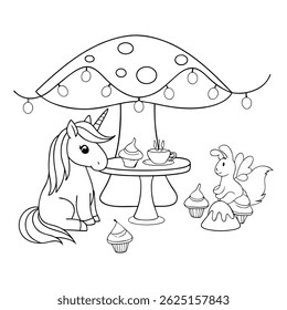 Cute Unicorn Enjoying a Tea Party with Cupcakes in a Fantasy Garden