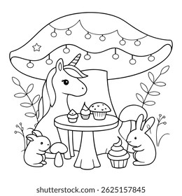 Cute Unicorn Enjoying a Tea Party with Cupcakes in a Fantasy Garden