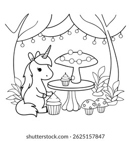 Cute Unicorn Enjoying a Tea Party with Cupcakes in a Fantasy Garden
