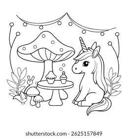 Cute Unicorn Enjoying a Tea Party with Cupcakes in a Fantasy Garden