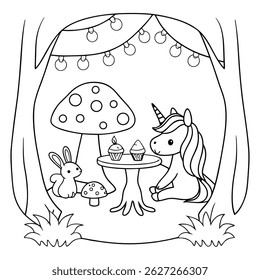 Cute Unicorn Enjoying a Tea Party with Cupcakes in a Fantasy Garden