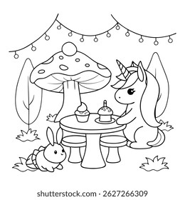 Cute Unicorn Enjoying a Tea Party with Cupcakes in a Fantasy Garden
