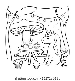 Cute Unicorn Enjoying a Tea Party with Cupcakes in a Fantasy Garden