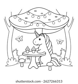 Cute Unicorn Enjoying a Tea Party with Cupcakes in a Fantasy Garden