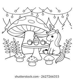 Cute Unicorn Enjoying a Tea Party with Cupcakes in a Fantasy Garden