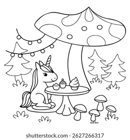 Cute Unicorn Enjoying a Tea Party with Cupcakes in a Fantasy Garden