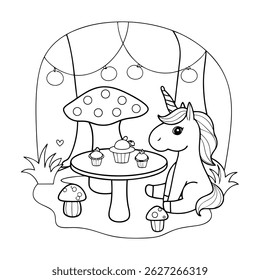 Cute Unicorn Enjoying a Tea Party with Cupcakes in a Fantasy Garden