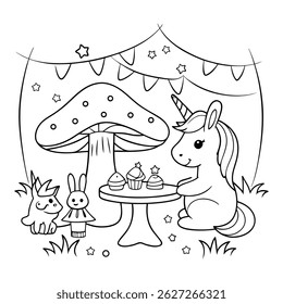 Cute Unicorn Enjoying a Tea Party with Cupcakes in a Fantasy Garden