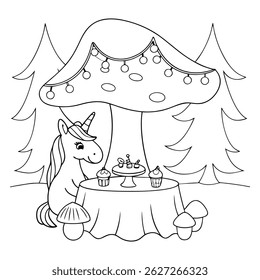 Cute Unicorn Enjoying a Tea Party with Cupcakes in a Fantasy Garden