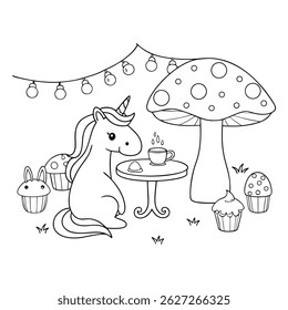 Cute Unicorn Enjoying a Tea Party with Cupcakes in a Fantasy Garden