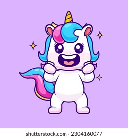 Ilustración De Icono Del Vector De Caricaturas De Cute Unicornio Emocionado. Concepto de icono de la naturaleza animal Vector Premium aislado. Estilo de dibujo plano