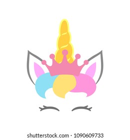 Cute unicorn face with beautiful crown and hairstyle. Unicorn head. Vector illustration