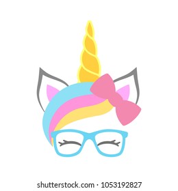 Cute unicorn face with bow and sunglasses. Unicorn head. Vector