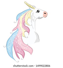 Cute unicorn face cartoon character illustration, magic concept. Isolated on white background. Cute unicorn horse with gold horn and beauty rainbow hair