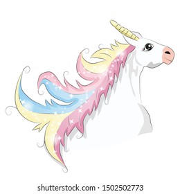 Cute unicorn face cartoon character illustration, magic concept. Isolated on white background. Cute unicorn horse with gold horn and beauty rainbow hair