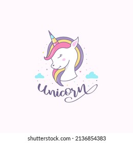 Cute Unicorn face cartoon vector with rainbow pony for birthday card, poster, shirt concept. Animal fantasy head with rainbow horn isolated at pink background