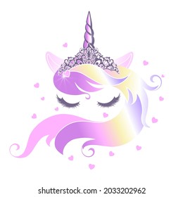 Cute unicorn face with closed eyes wearing a rainbow mane tiara. Vector image isolated on white background.