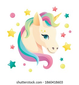 Cute cara de unicornio en estilo plano para ropa o como logotipo, insignia, icono, tarjeta, afiche, camiseta, invitación, plantilla de banner. Ilustración vectorial de dibujos animados.