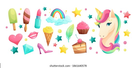 Cute unicorn face in flat style with sweet girlish elements. Ice cream, lipstick, cupcake, lips, heart, crystal, lollipop, rainbow. Cartoon vector illustration.