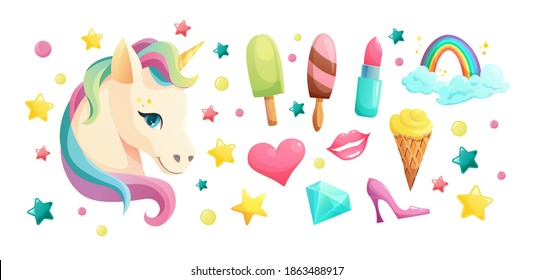 Cara de unicornio suave de estilo plano con elementos dulces y femeninos. Helado, pintalabios, quequitos, labios, corazón, cristal, copas, arcoiris. Ilustración vectorial de dibujos animados.