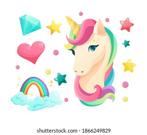 Cute unicorn face in flat style for clothes or as logotype, badge, icon, card, poster, t-shirt, invitation, banner template. Cartoon vector illustration.