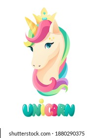 Cute unicorn face in flat style for clothes or as logotype, badge, icon, card, poster, t-shirt, invitation, banner template. Cartoon vector illustration.