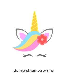 Cute Unicorn Face With Flower. Unicorn Head. Vector Illustration