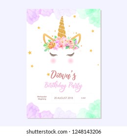 Cute Unicorn Face With Flower. Unicorn Head. Vector Illustration