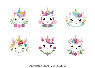 Cute Unicorn Face with Flowers Vector Illustration - Cartoon Clipart and Line Art Design
