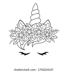 Cute unicorn face with flowers wreath. Black and white vector  illustration for coloring book