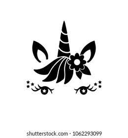 Cute unicorn face. Funny character with beauty eyes, bang, flower. Card and shirt print design. Vector illustration isolated on white background.