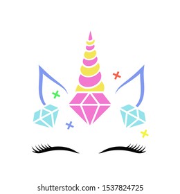 Cute unicorn face. Funny character with beauty eyes, bang, flower. Card and shirt print design. Colorful vector illustration isolated