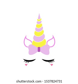 Cute unicorn face. Funny character with beauty eyes, bang, flower. Card and shirt print design. Colorful vector illustration isolated