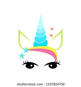 Cute unicorn face. Funny character with beauty eyes, bang, flower. Card and shirt print design. Colorful vector illustration isolated