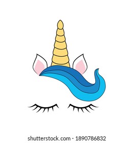 Cute unicorn face. Funny character with rose flowers. Card and shirt print design. Colorful illustration isolated on white background.